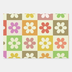 Chequered Colourful Retro Flowers Pattern  Wrapping Paper Sheet