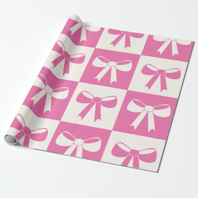 Chequered Coquette Girly Pink Bows Pattern  Wrapping Paper (Unrolled)
