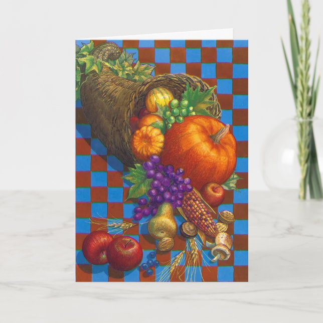Chequered cornucopia Thanksgiving custom card (Front)
