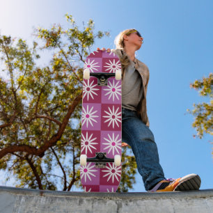 Chequered Daisies on Red and Pink Checkerboards  Skateboard