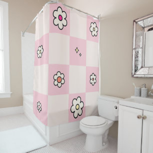 Chequered Daisies Pink Shower Curtain