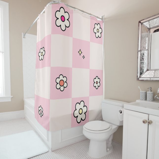 Chequered Daisies Pink Shower Curtain (In Situ)