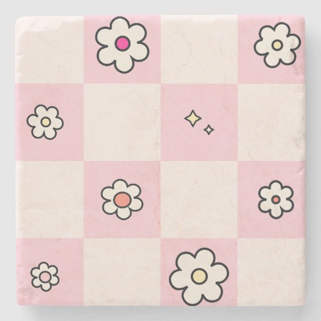 Chequered Daisies Pink Stone Coaster (Front)