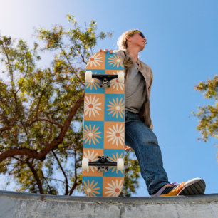 Chequered Daisy Flowers on Orange and Blue squares Skateboard
