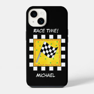 Chequered Flag Black White Racing Name Personalise iPhone 14 Case