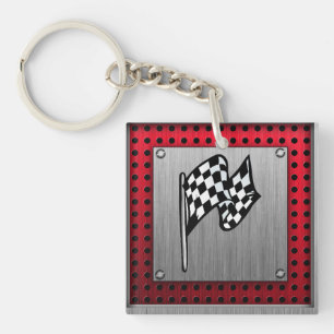Chequered Flag; brushed aluminium look Key Ring