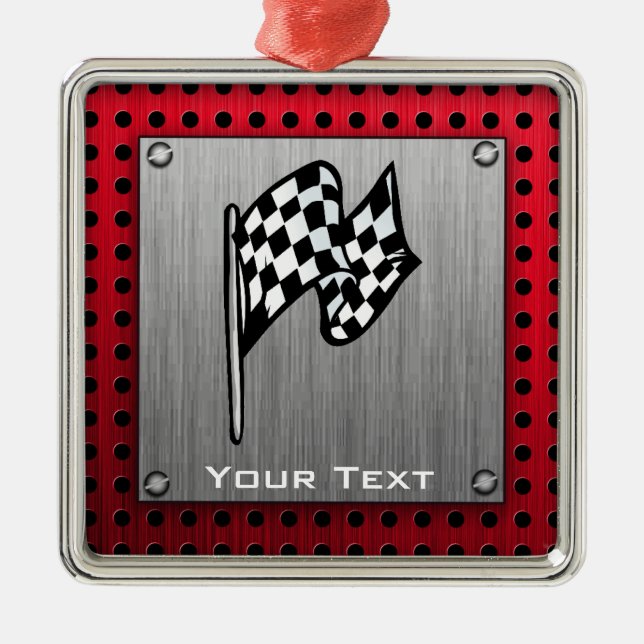 Chequered Flag; brushed aluminium look Metal Tree Decoration (Front)
