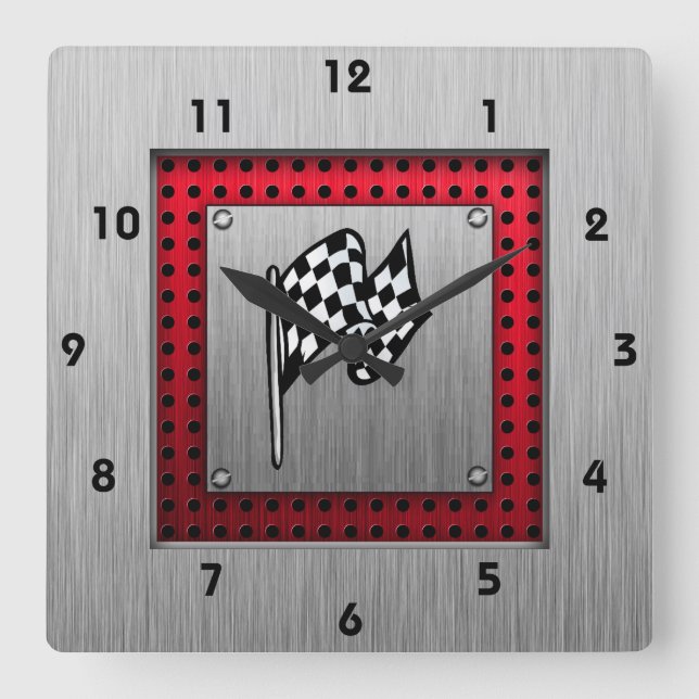 Chequered Flag; brushed aluminium look Square Wall Clock (Front)