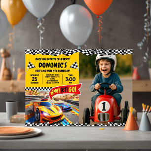 Chequered Flag Party for Children with Photo Invitation