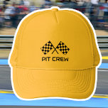 Chequered Flag Pit Crew Custom Text Yellow Black Trucker Hat<br><div class="desc">This 'Pit Crew' hat is designed for motorbike and car racing fans! A stylish template featuring the winning chequered flags. The text can be customised, so this template can be adapted for different occasions and events. A unique gift for friends or family for birthdays, holidays and father's days, or as...</div>