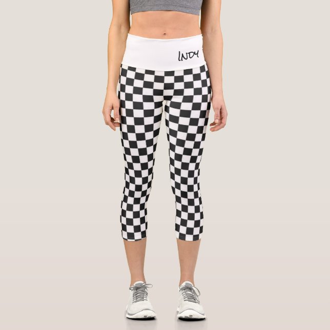 Chequered Flag Racing Sports Custom Text INDY Cars Capri Leggings (Front)