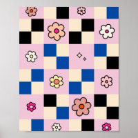 Chequered Flower Colourful Check Pattern Pink Blue