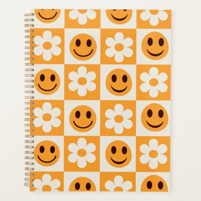 Chequered flowers and happy faces Orange planner (Front)