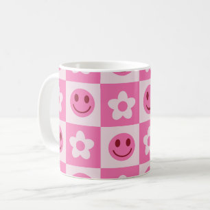 Chequered Flowers and Happy Faces Pink Coffee Mug