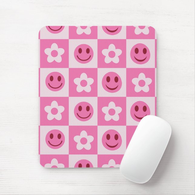 Chequered flowers and happy faces pink  mouse pad (With Mouse)