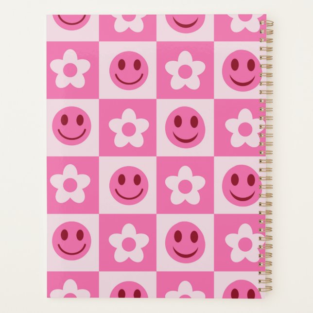 Chequered flowers and happy faces pink  planner (Back)