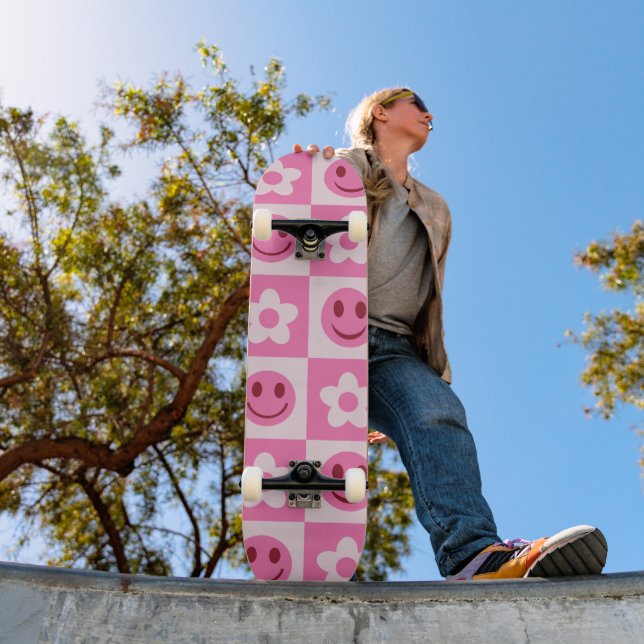 Chequered flowers and happy faces pink    skateboard (Outdoor 1)
