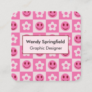 Chequered Flowers and Happy Faces Pink Square Business Card