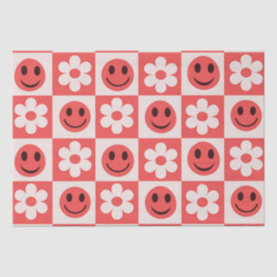 Chequered Flowers and Happy Faces Red Tissue Paper