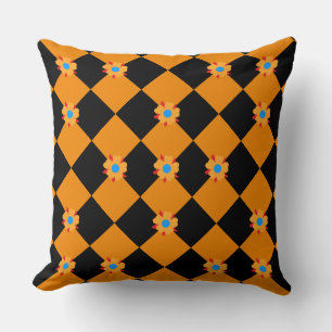 Chequered flowers orange and black cushion