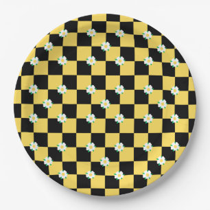 Chequered flowers yellow white and black paper plate
