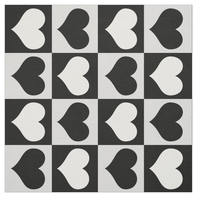 Chequered Geometric Black White Hearts Fabric (Swatch)