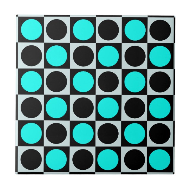 Chequered Geometric Blue Black Circle Polka Dots  Tile (Front)