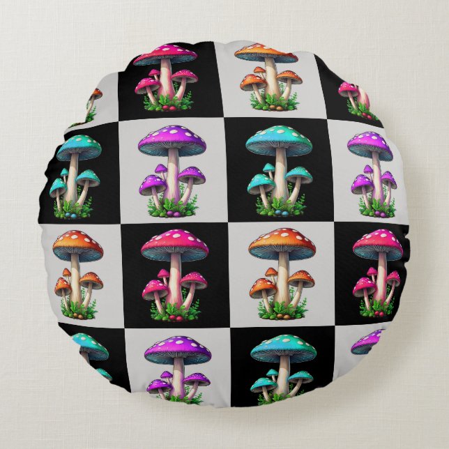 Chequered Geometric Mushroom Round Cushion (Front)