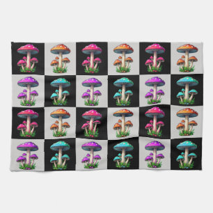 Chequered Geometric Mushroom Tea Towel