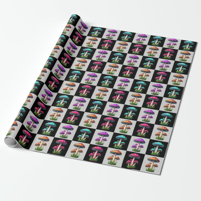 Chequered Geometric Mushroom Wrapping Paper (Unrolled)