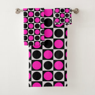 Chequered Geometric Pink Black Circle Polka Dots  Bath Towel Set