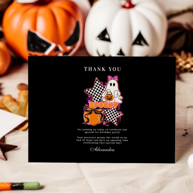 Chequered Ghost Halloween 1st Birthday Thank You Card (Creator Uploaded)