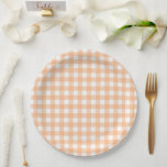 Chequered Gingham Check Plaid Pattern Peach Paper Plate<br><div class="desc">Modern summer trend picnic blanket gingham plaid tartan pattern. Pastel tones aesthetic. Pastel orange,  peach gingham pattern party tableware. Peach baby shower,  wedding,  girl gingham party decor.</div>