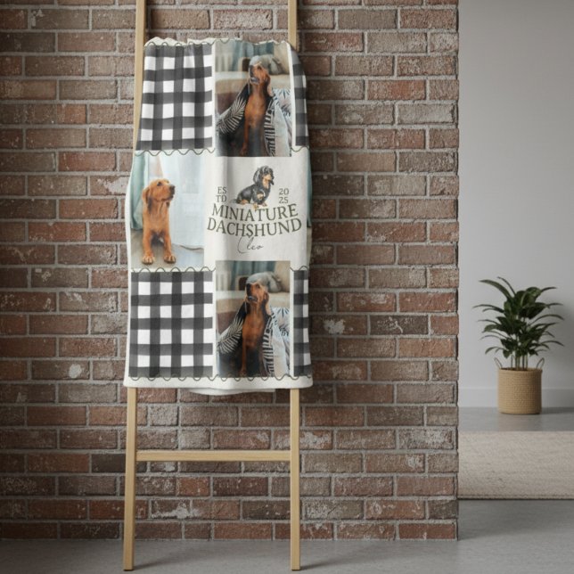 Chequered Gingham Dachshund Pet Four Photo Fleece Blanket (Cozy up with this Checkered Gingham Dachshund Pet Four Photo Fleece Blanket!)