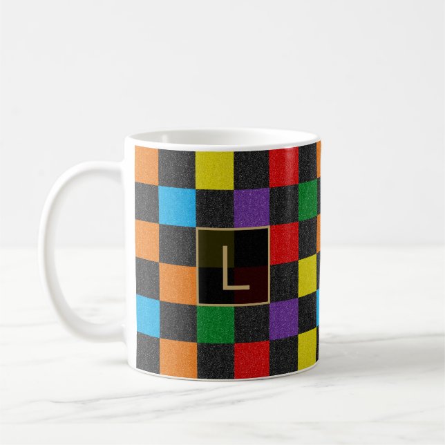 Chequered Glitter Rainbow Custom Monogram, Proud Coffee Mug (Left)
