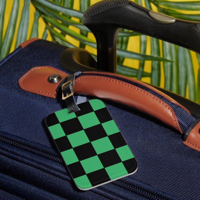 Chequered Green and Black Luggage Tag (Front Insitu 1)