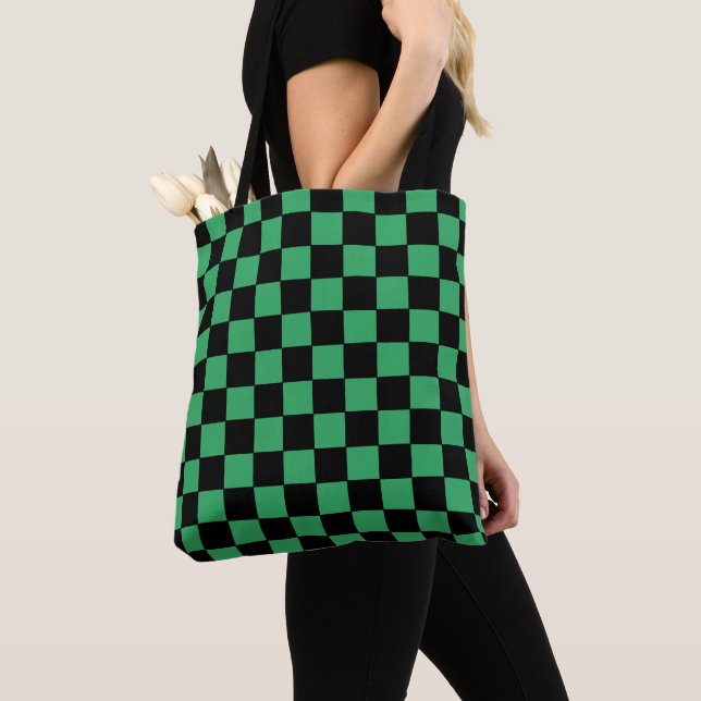 Chequered Green and Black Tote Bag (Close Up)