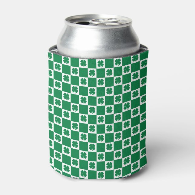 Chequered Green and White Shamrock Clover Pattern Can Cooler (Can Front)