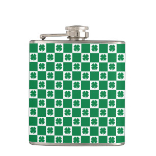 Chequered Green and White Shamrock Clover Pattern Hip Flask