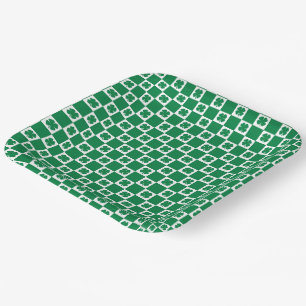 Chequered Green and White Shamrock Clover Pattern Paper Plate