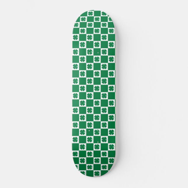 Chequered Green and White Shamrock Clover Pattern Skateboard (Front)