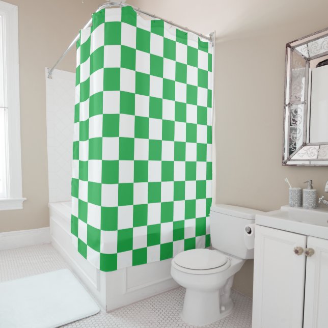 Chequered Green and White Shower Curtain (In Situ)