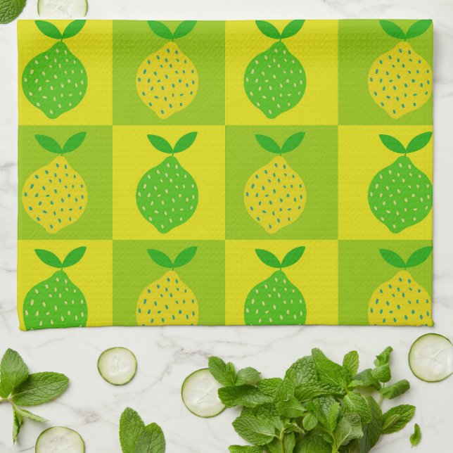 Chequered Green and Yellow Lemons Pattern Tea Towel (Folded)