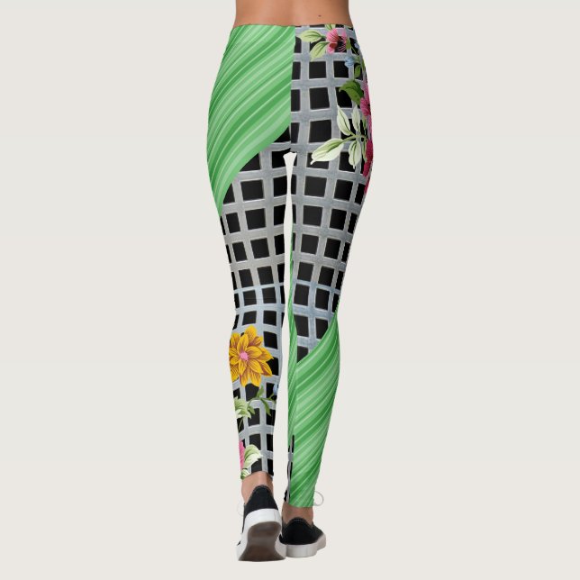 Chequered Green Floral White Leggings  (Back)