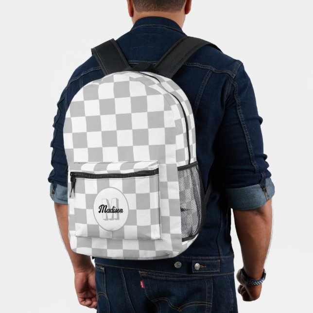 Chequered grey and white geometric retro Monogram Printed Backpack (Insitu (Model))