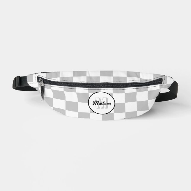Chequered grey white geometric retro Monogram Bum Bags (Front)