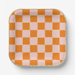 Chequered Halloween Orange Pink Paper Plate