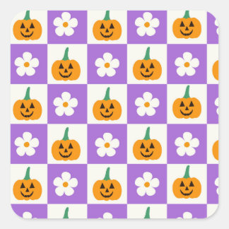 Chequered Halloween Pumpkins and Retro Flowers Square Sticker