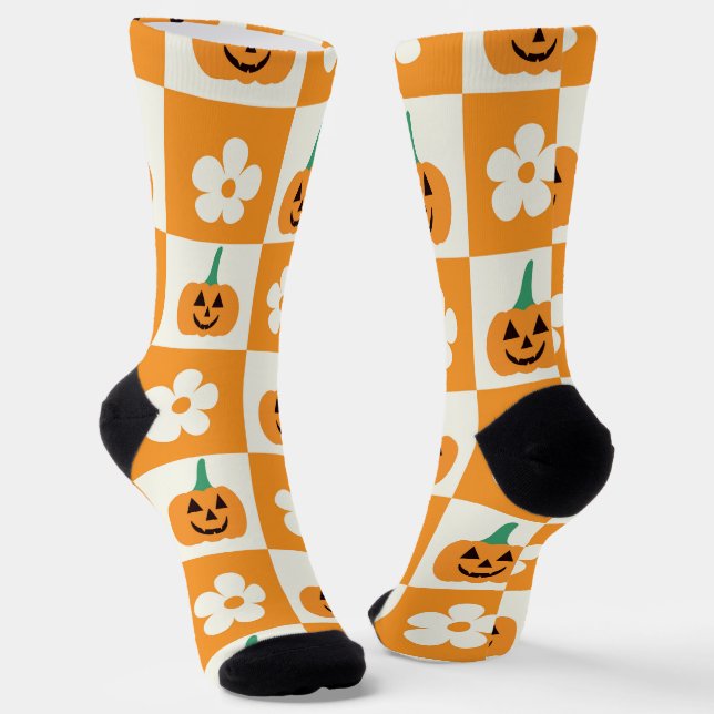 Chequered Halloween Pumpkins with retro flowers  Socks (Angled)
