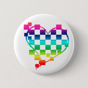 chequered heart. 6 cm round badge